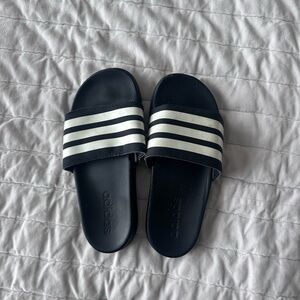 Adidas Dark Blue Slides with White Stripes